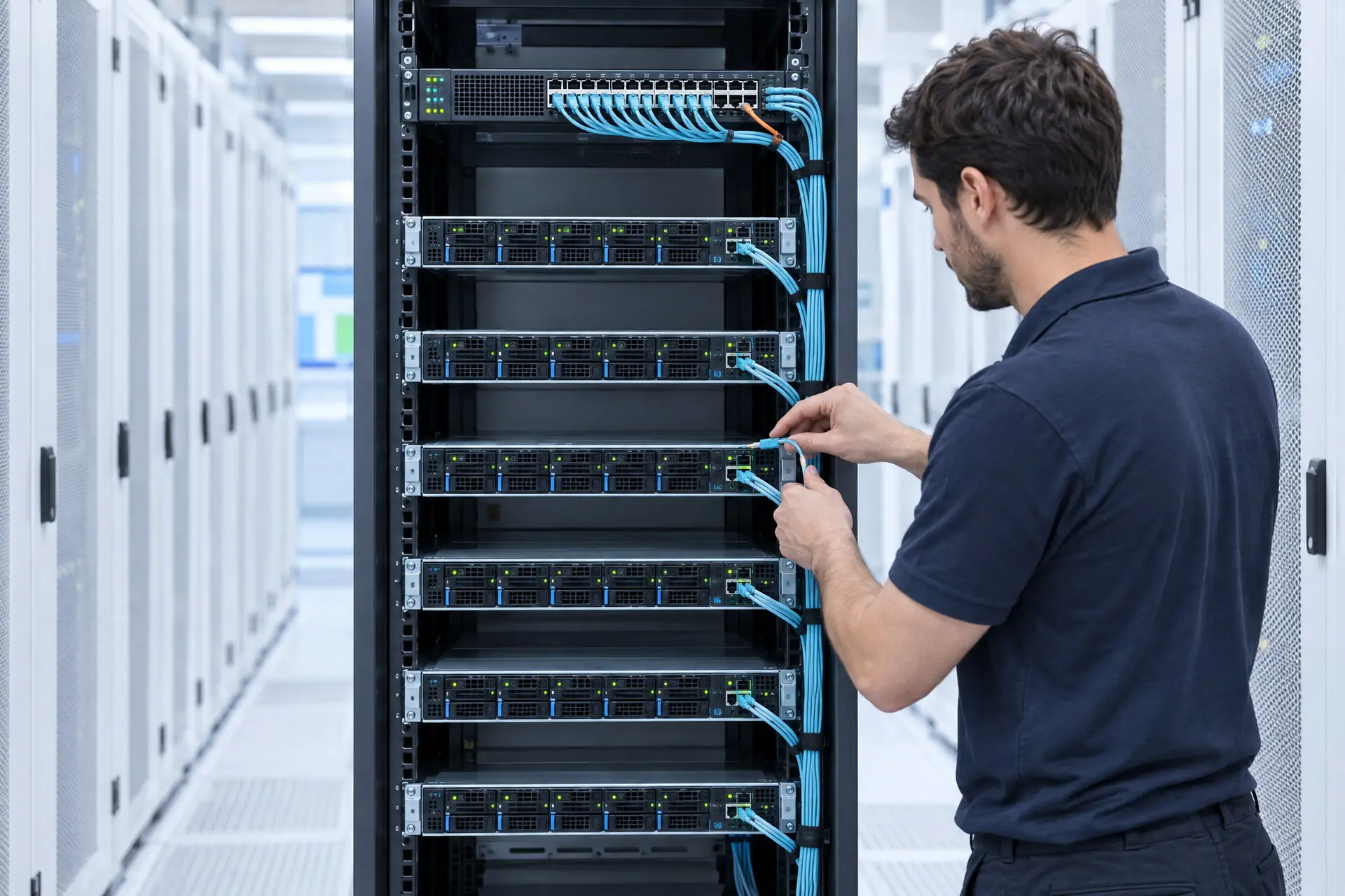 Un tecnico collega la fibra a uno dei sei server identici montati in un armadio rack aperto