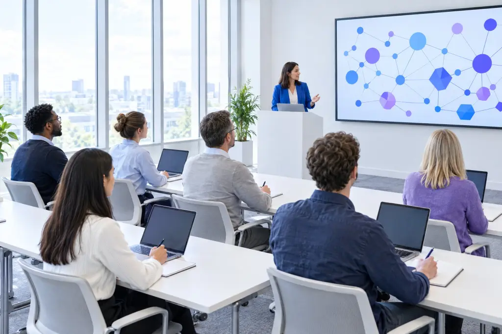 Un'aula con sei partecipanti davanti allo schermo con i diagrammi di rete