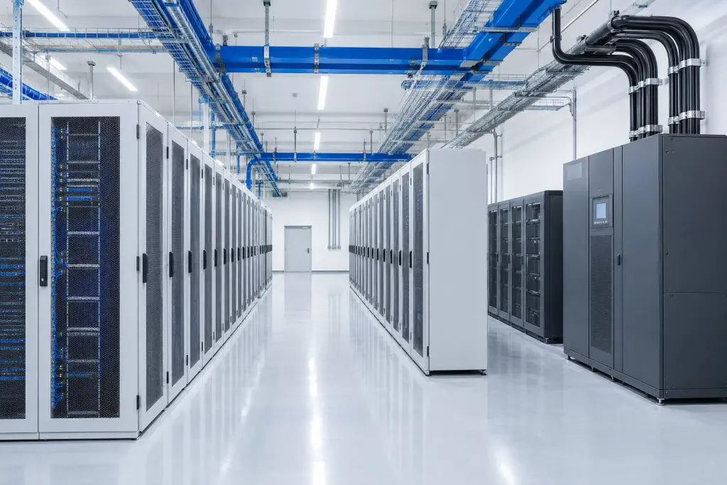 Una sala tecnica con gli armadi server, i gruppi di continuità e le canaline di potenza