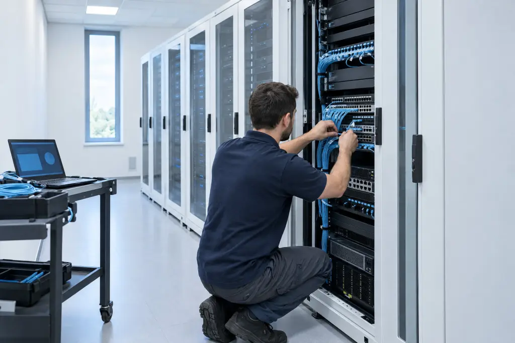 Un tecnico inginocchiato davanti a un armadio rack aperto in una piccola sala dati collega i cavi in fibra