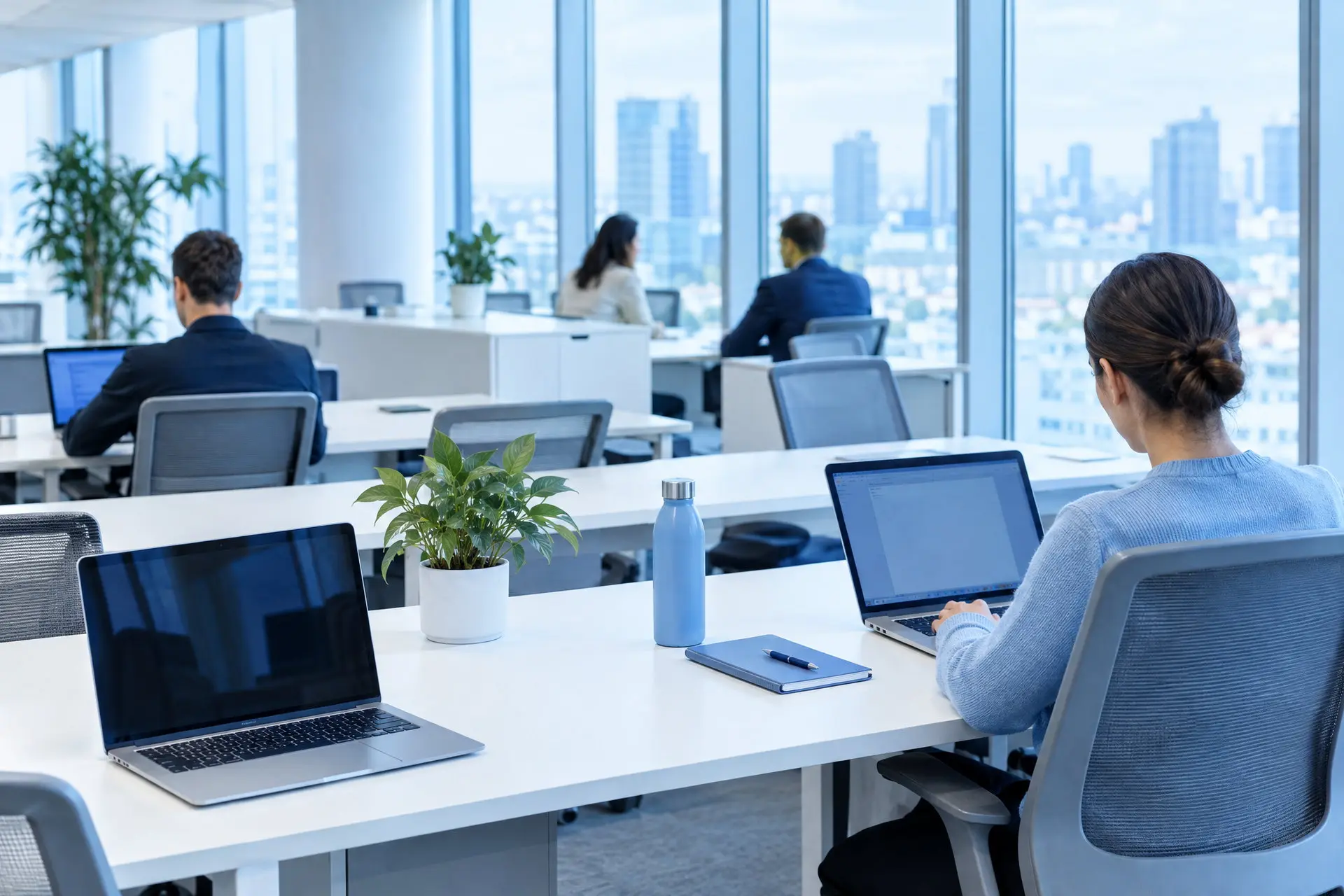 Un open space con i laptop aperti sulle scrivanie e la luce che entra dalle vetrate