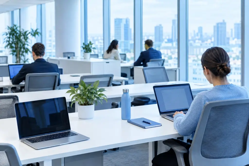 Un open space con i laptop aperti sulle scrivanie e la luce che entra dalle vetrate