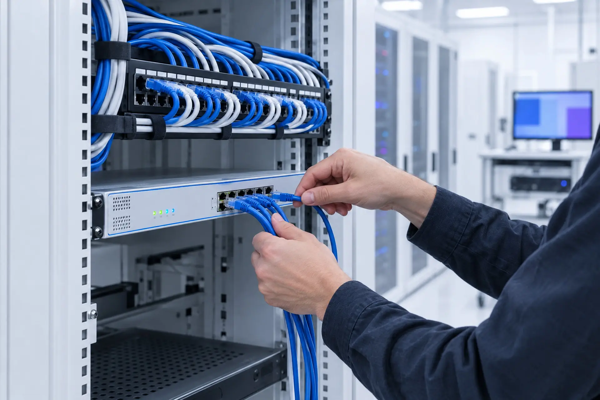 Mani che collegano cavi di rete blu a un'appliance di sicurezza montata in un armadio rack, con i LED accesi
