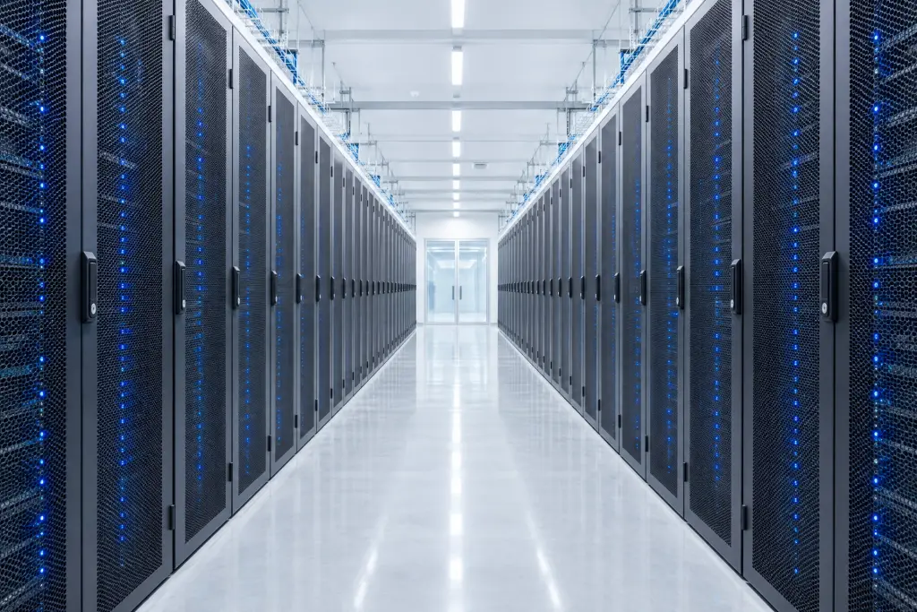 A row of closed racks with perforated doors along the aisle of the data hall