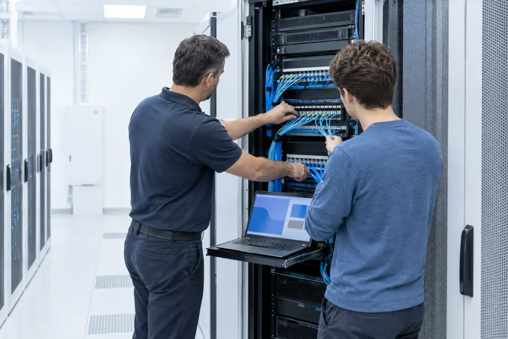 Un sistemista affianca un collega più giovane davanti a un armadio rack aperto e gli mostra il cablaggio