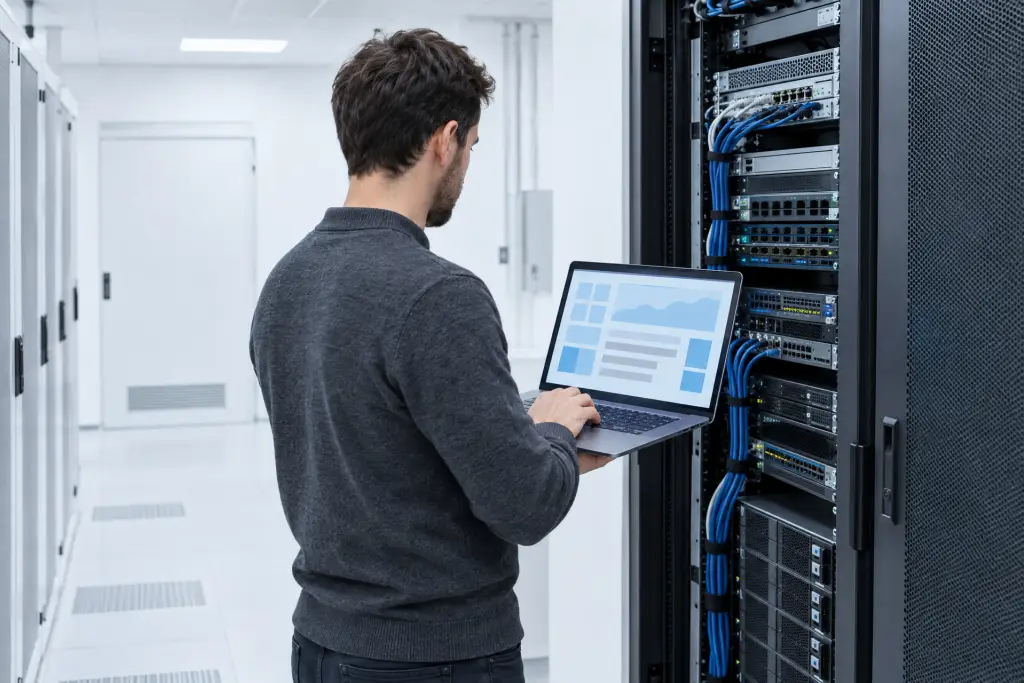 Un sistemista in piedi davanti a un armadio rack aperto lavora sul pannello di gestione del server da un portatile