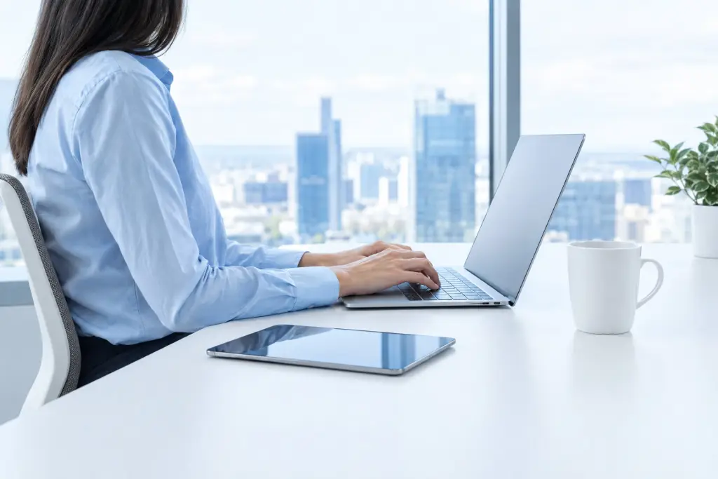 Una postazione con laptop e tablet davanti a una grande finestra
