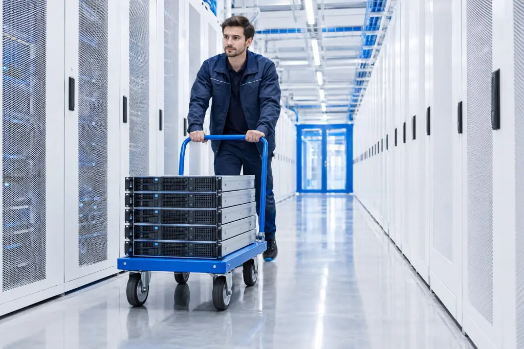 Un carrello carico di server spinto lungo la corsia della sala dati