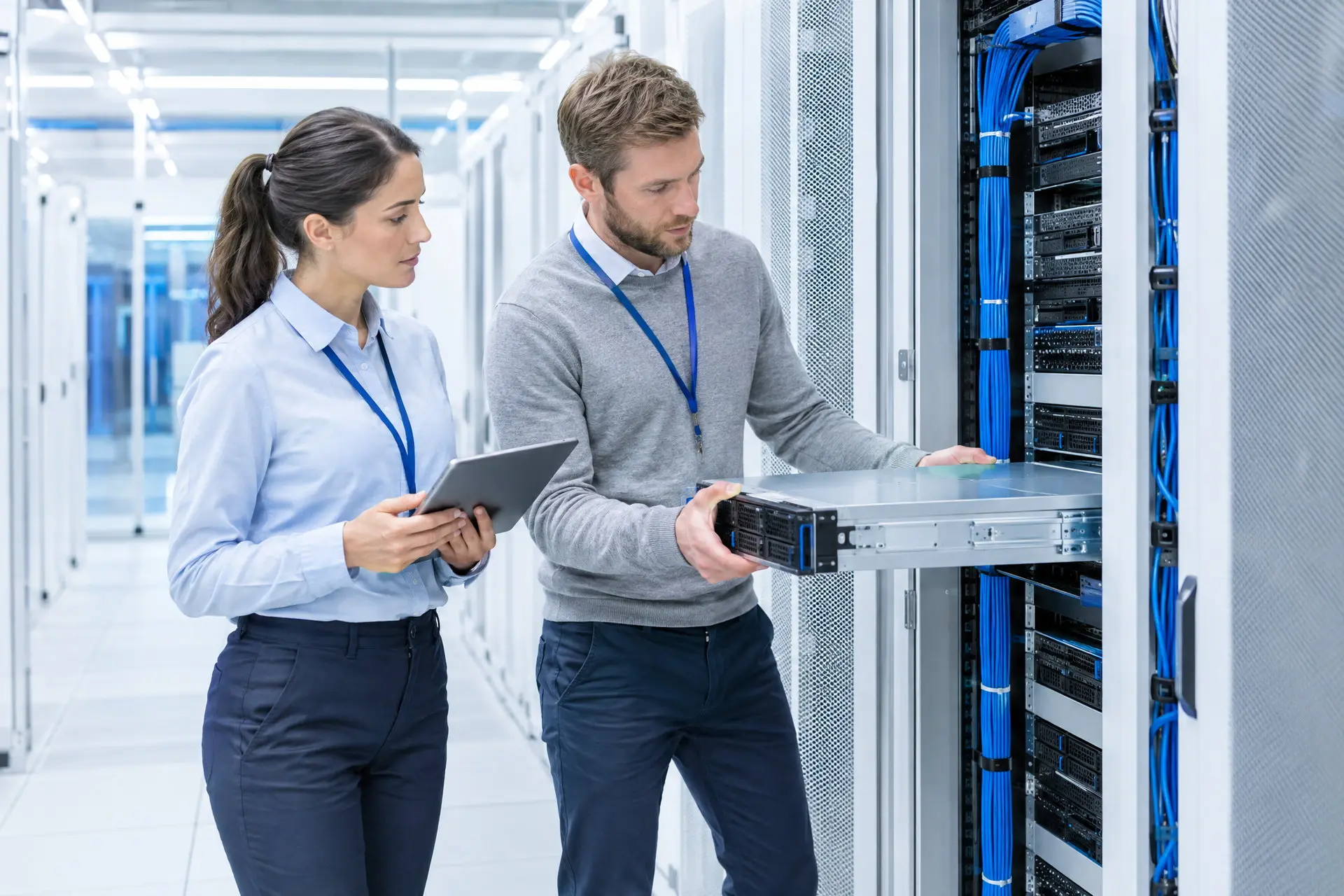 Two technicians in a server room: one pulls a server out of the rack, the other checks a tablet