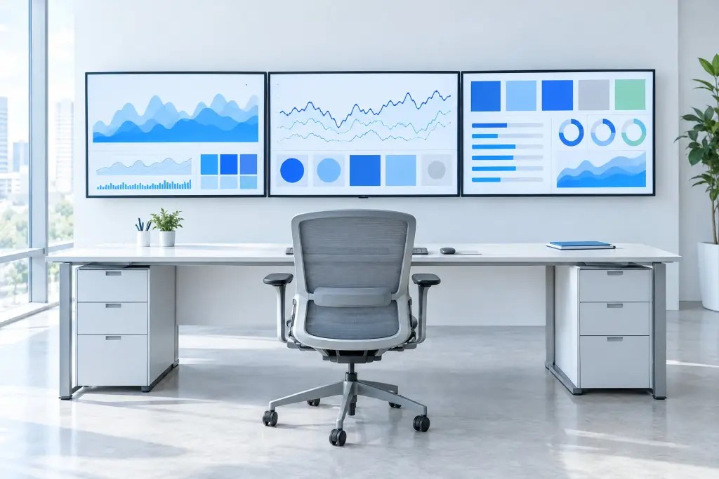 Tre monitor di presidio a parete, con i grafici di andamento e le piastrelle di stato