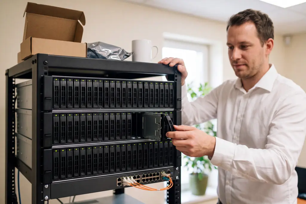 Un tecnico inserisce un disco nel nodo centrale di tre server identici, montati in un piccolo armadio rack