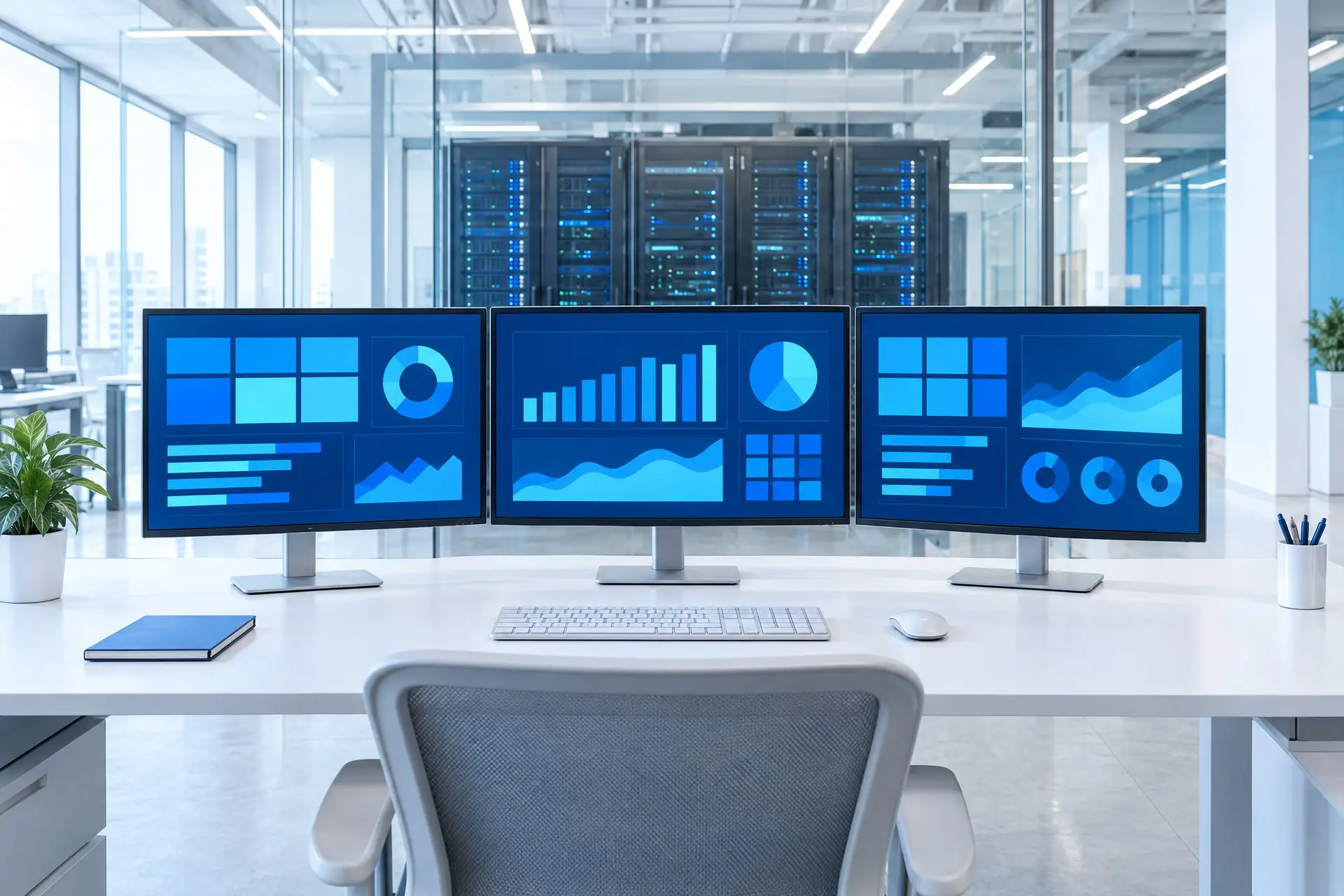 Una postazione con tre monitor aperti sui pannelli di gestione, davanti alla vetrata della sala server