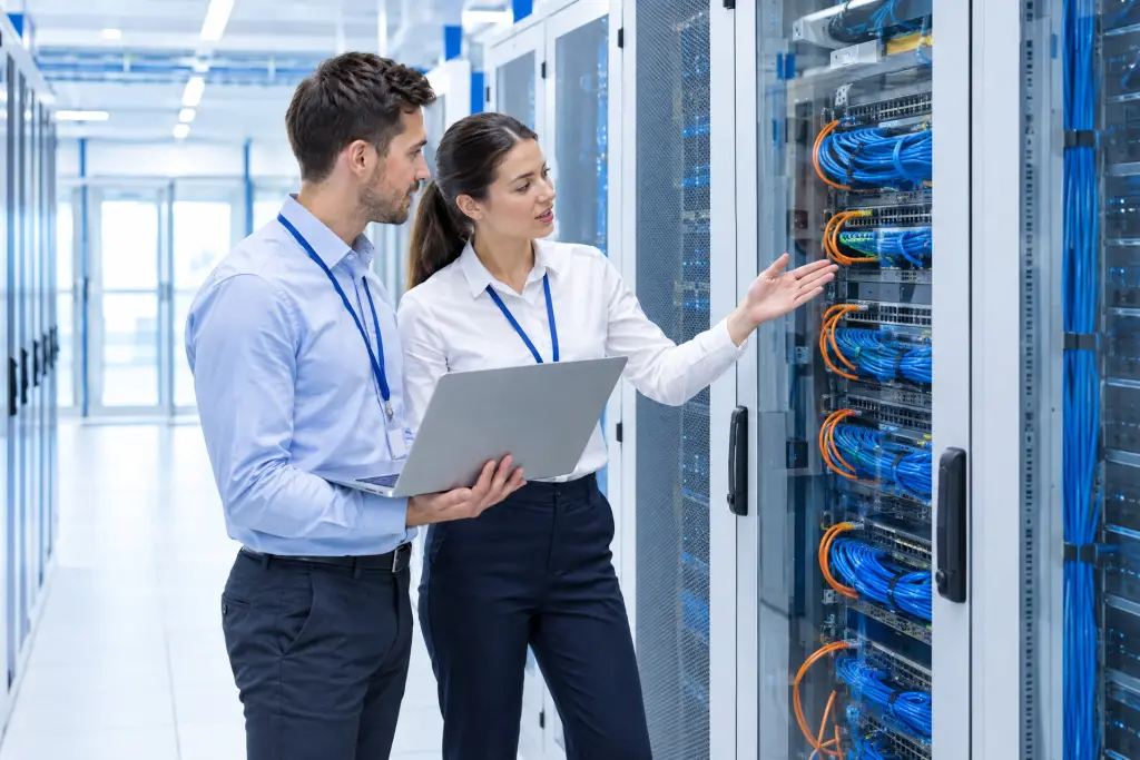 Due sistemisti davanti a un armadio server, con il laptop aperto e i cavi arancioni del cluster