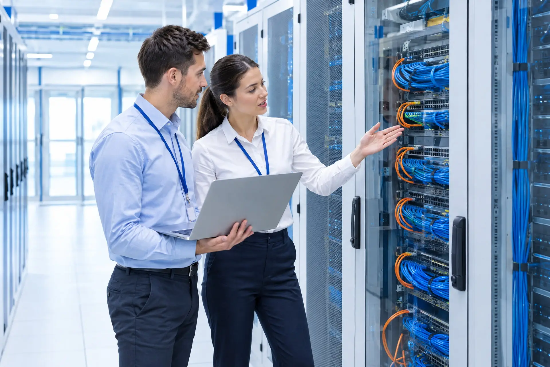 Two systems engineers in front of a server rack, with an open laptop and the cluster's orange cables