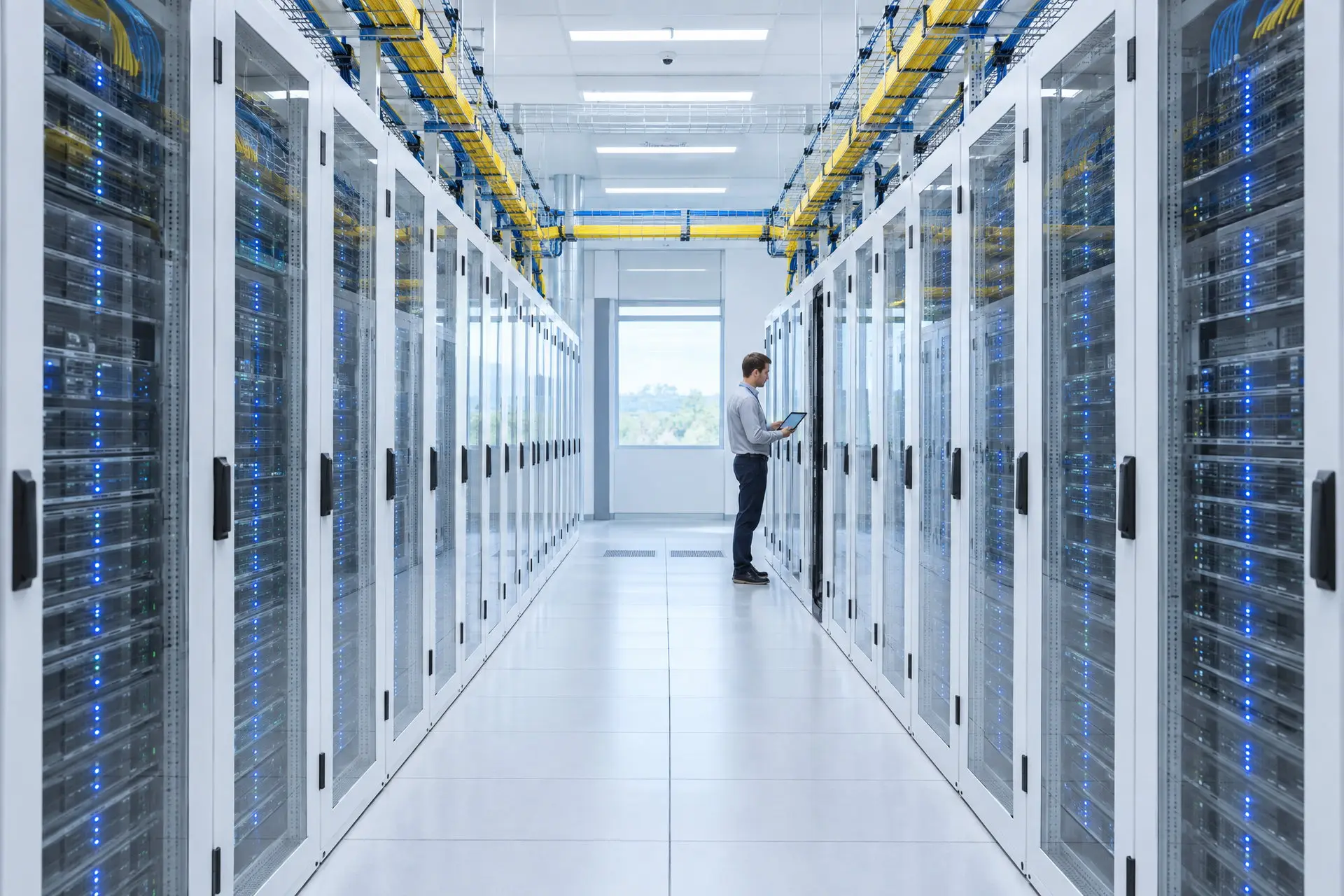 Due file di armadi server a vetro con le canaline della fibra sul soffitto e un tecnico con un tablet in fondo
