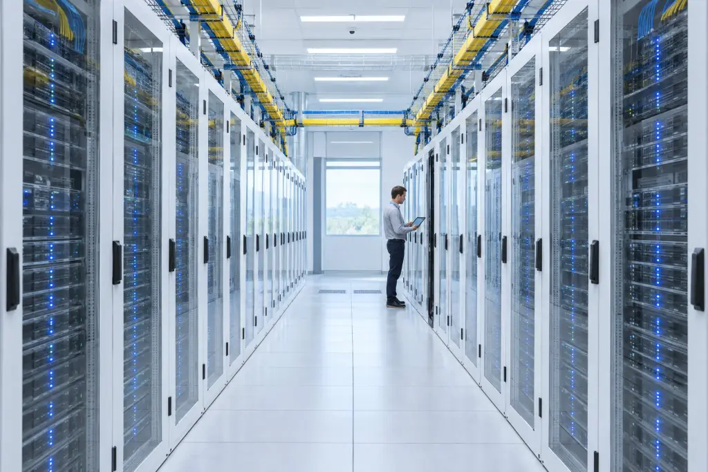 Due file di armadi server a vetro con le canaline della fibra sul soffitto e un tecnico con un tablet in fondo