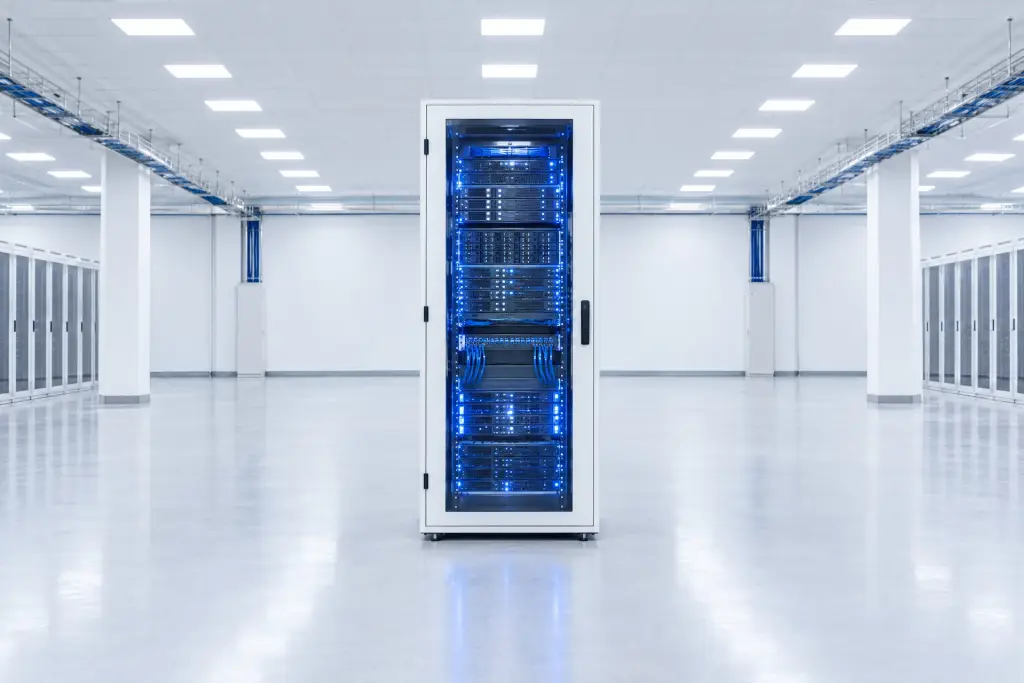 Un armadio server con la porta a vetro e i LED blu accesi, da solo al centro di una sala dati bianca e vuota