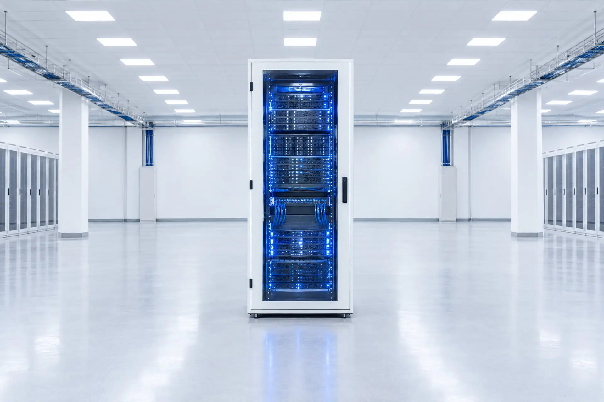 Un armadio server con la porta a vetro e i LED blu accesi, da solo al centro di una sala dati bianca e vuota