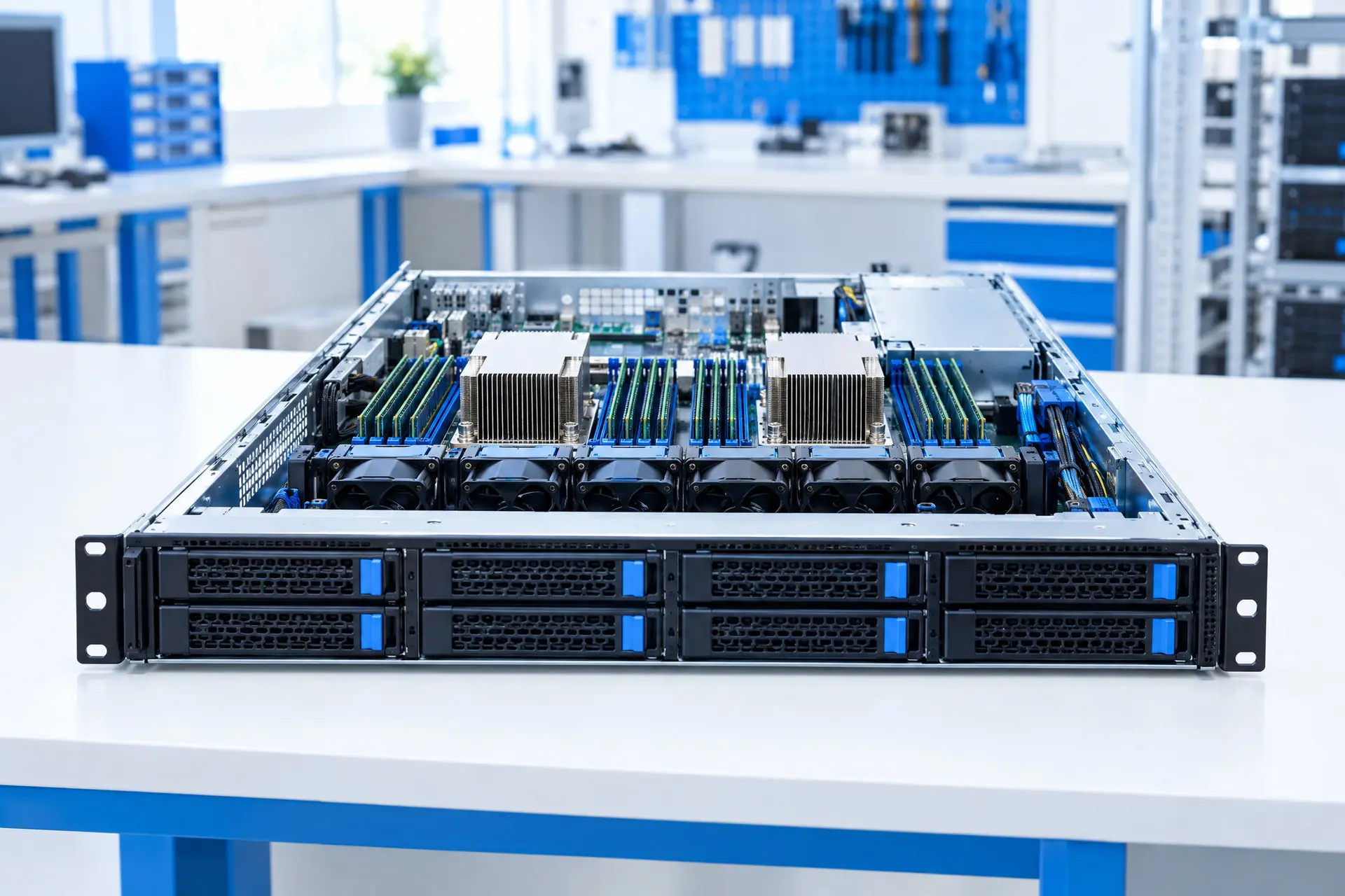 Un server rack aperto sul banco di lavoro, con dissipatori, moduli di memoria e ventole in vista