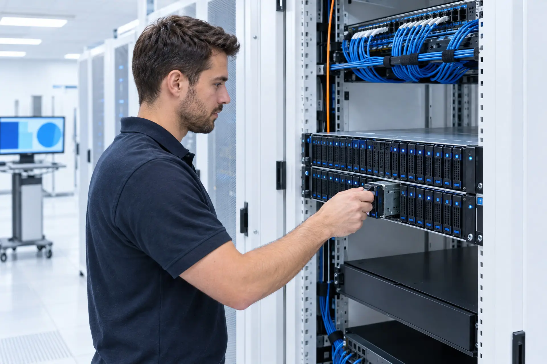 Un tecnico inserisce un disco nel frontale di un server di storage con molti alloggiamenti, in una sala dati