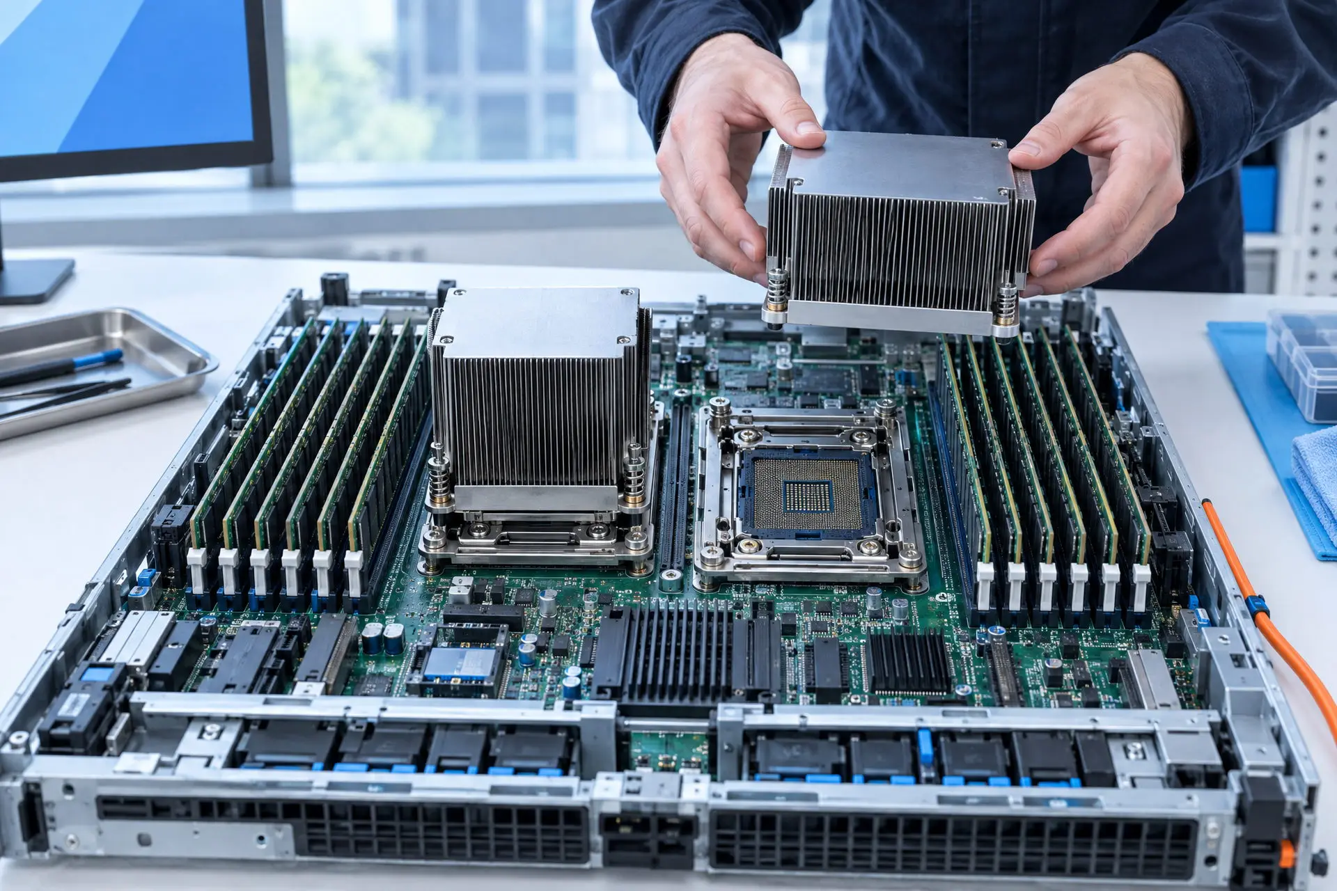 Primo piano di una scheda madre da server con due socket per processore, uno ancora senza dissipatore