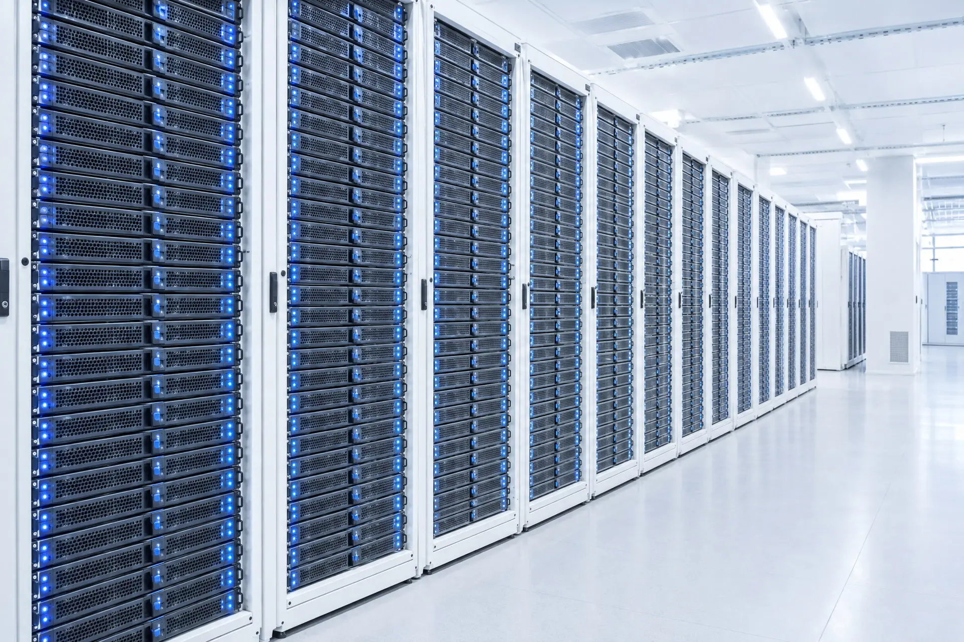 Una parete di array di storage, con le file dei cassetti disco e i LED blu