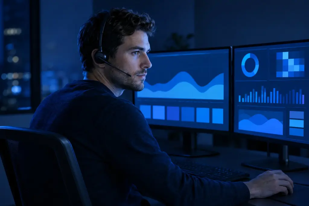 Postazione di presidio notturno, con la cuffia e i grafici di monitoraggio sui due schermi