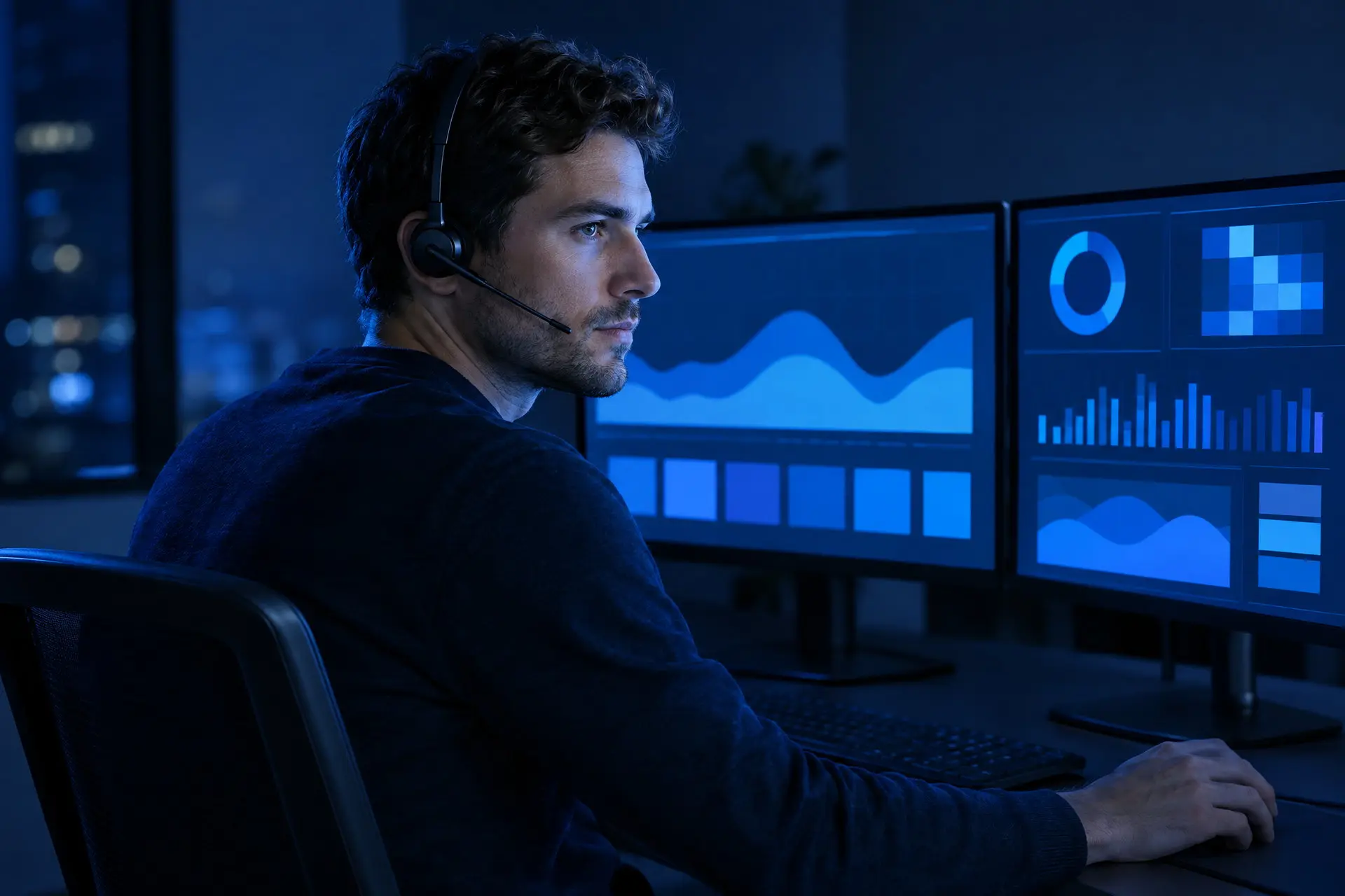 A night support desk, with a headset and monitoring charts on two screens