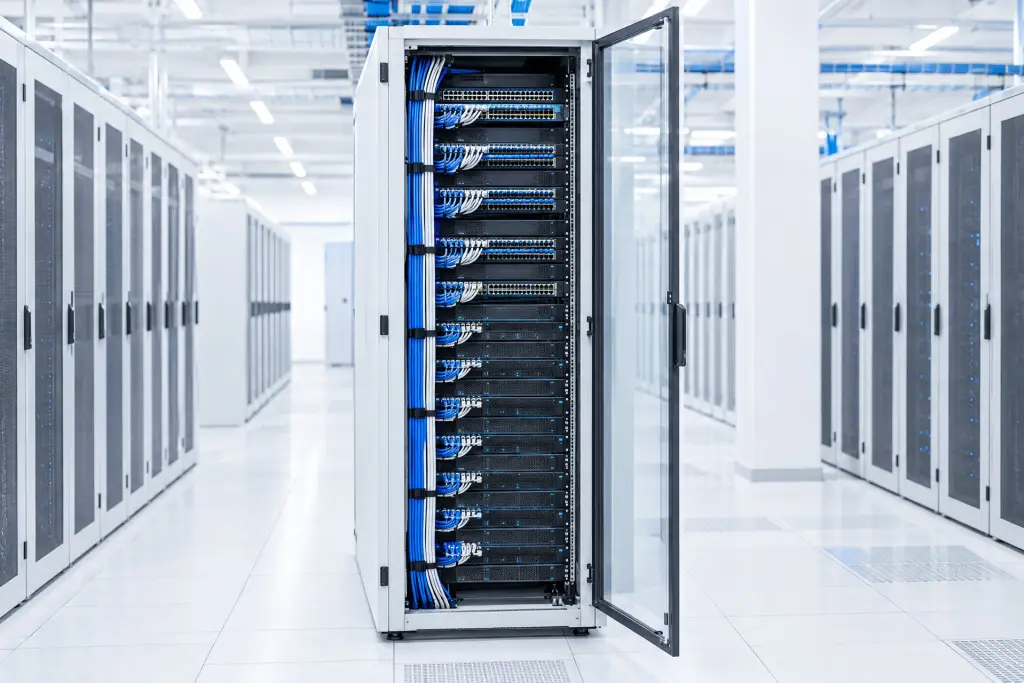 Un armadio server aperto, con il cablaggio strutturato pettinato lungo il montante