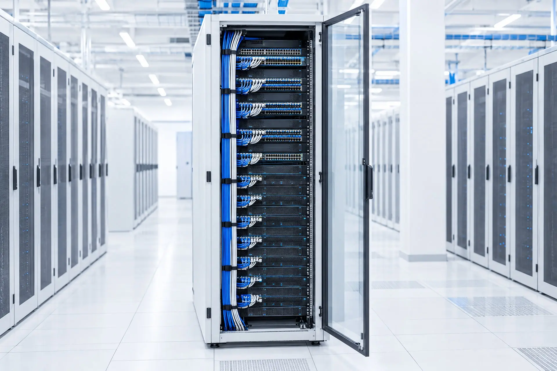 Un armadio server aperto, con il cablaggio strutturato pettinato lungo il montante