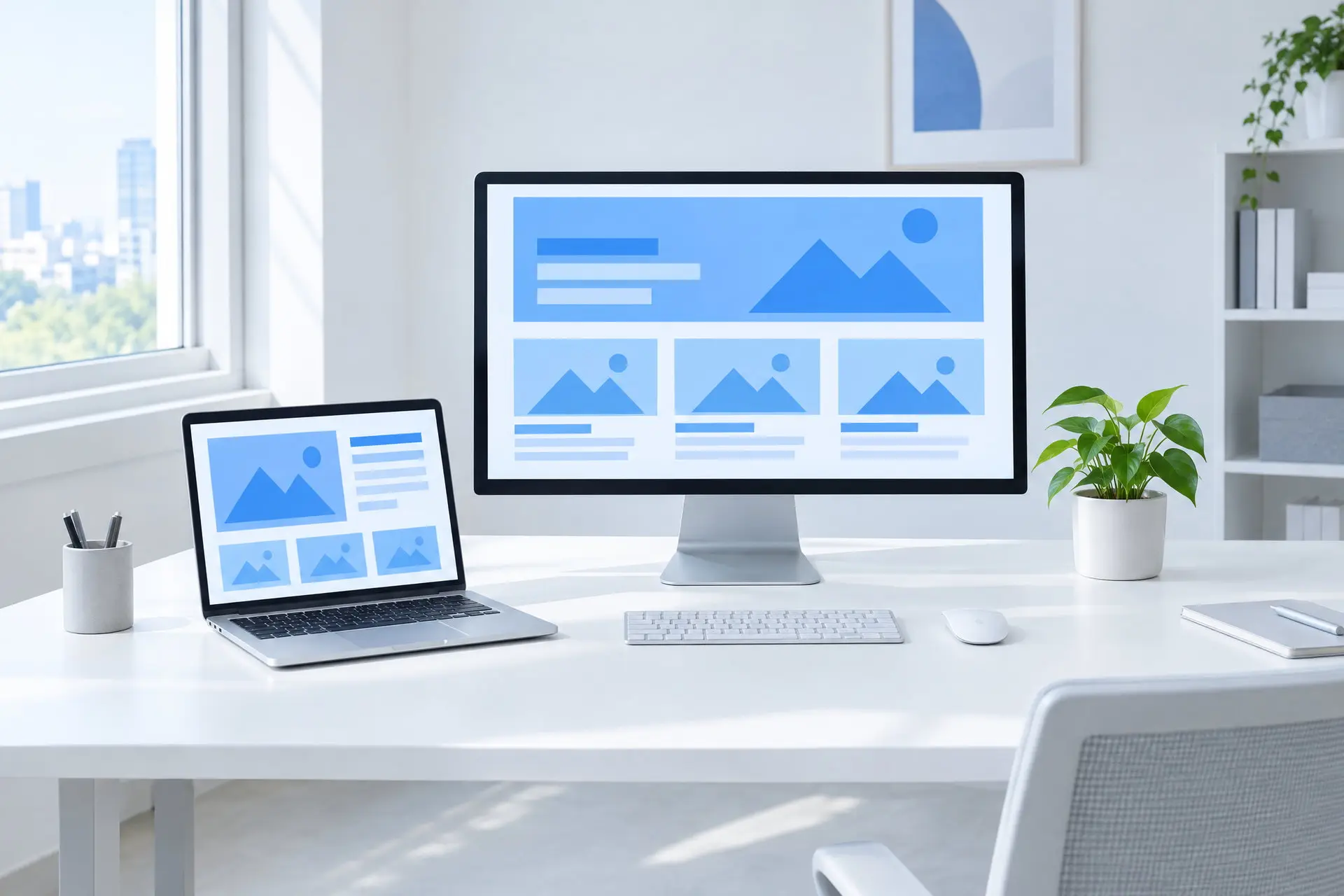 Una scrivania con laptop e monitor aperti sull'impaginazione di un sito