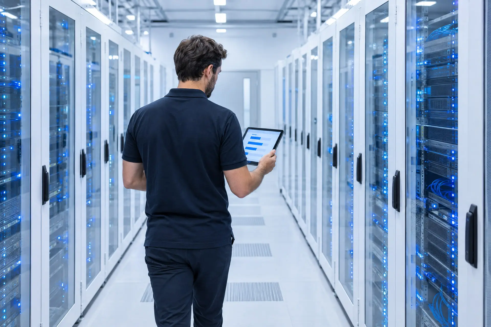 Un sistemista in una sala dati bianca controlla su tablet lo stato delle copie, fra due file di armadi rack