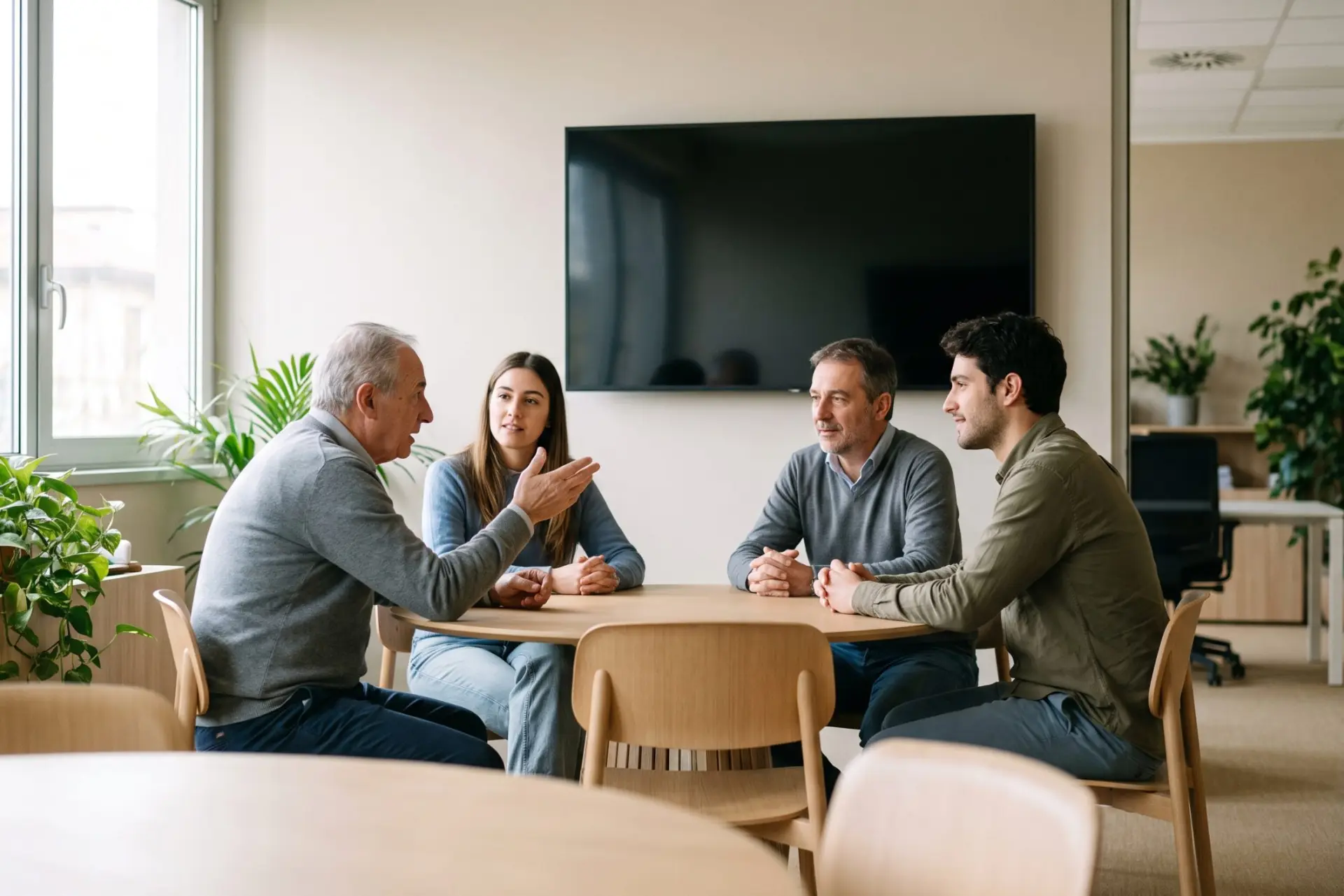 Quattro persone attorno a un tavolo riunioni in un ufficio luminoso, in conversazione