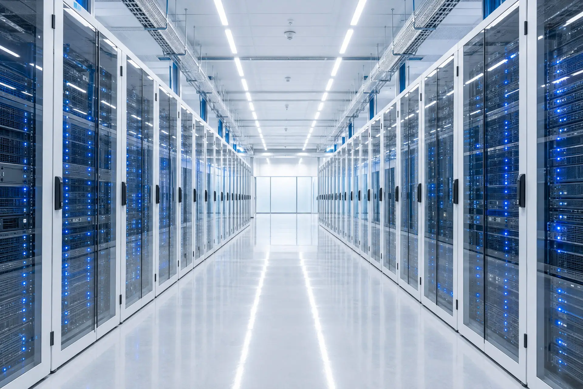Corsia centrale di una sala dati, con gli armadi a vetro e i LED blu su entrambi i lati