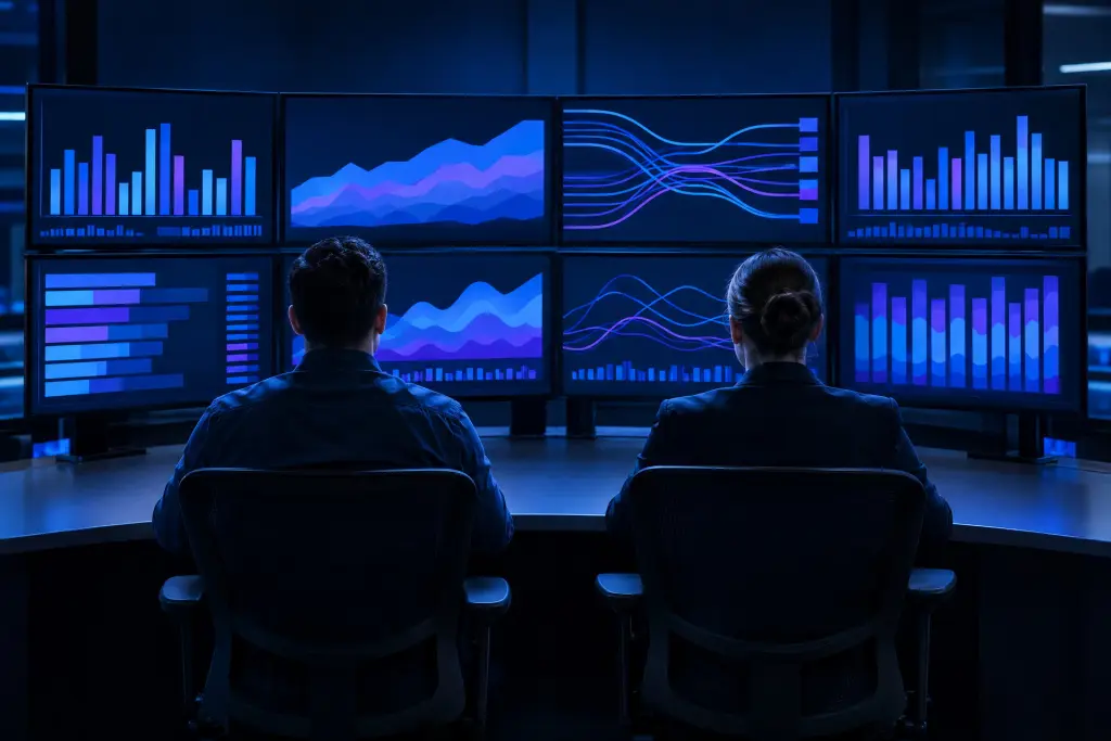 Due analisti di presidio davanti ai monitor con i grafici blu e viola del traffico