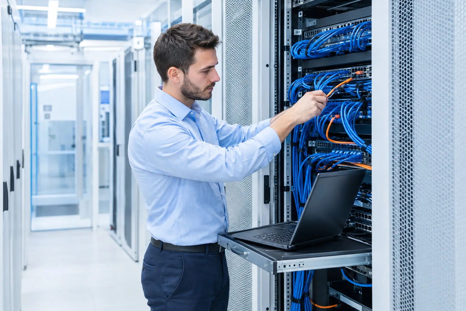 Un sistemista al rack aperto, con le mani sul cablaggio e il laptop appoggiato alla mensola