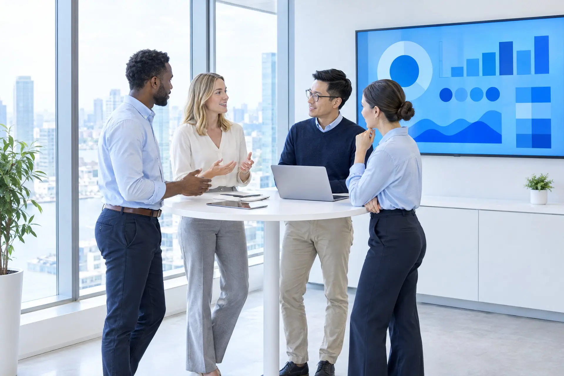 Quattro colleghi attorno al tavolo di progetto, con la dashboard sul monitor a parete