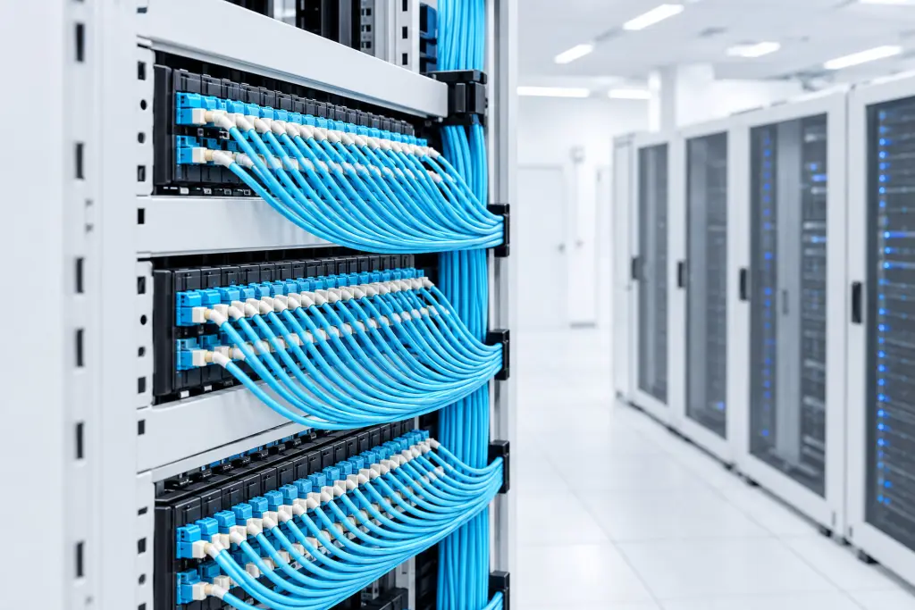 Un patch panel in fibra, con i cavi ciano ordinati in curve parallele