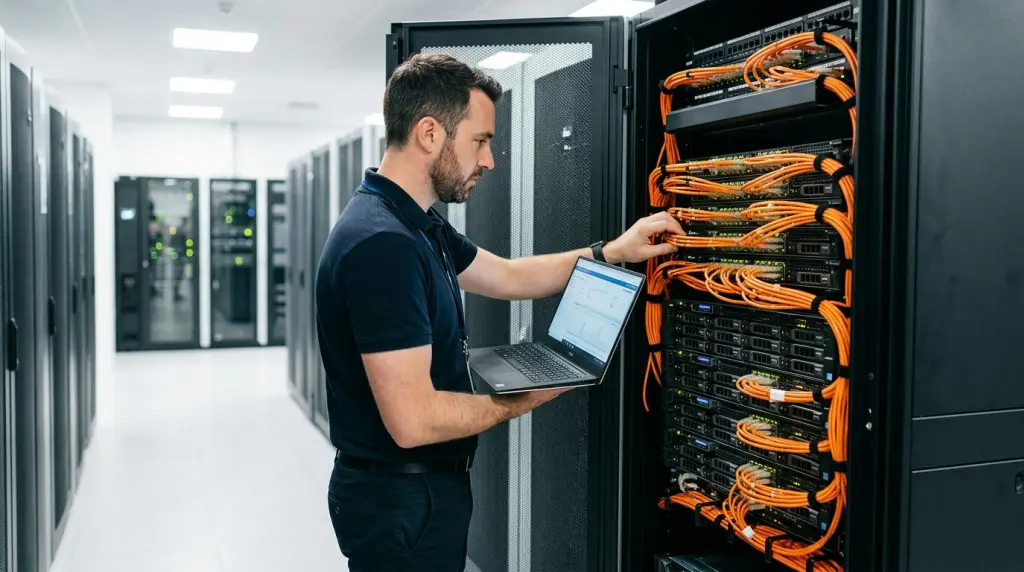 Sistemista Rackone al lavoro su un cluster Proxmox in armadio rack