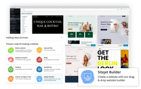 La creazione di un nuovo sito in Plesk: le modalità disponibili, da WordPress a Git e Node.js, e i modelli di Sitejet Builder
