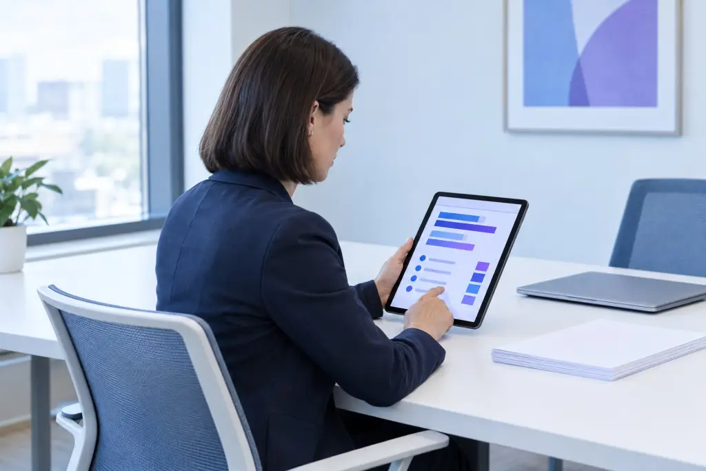 Una responsabile rilegge su un tablet i grafici di avanzamento della formazione, seduta a un tavolo riunioni