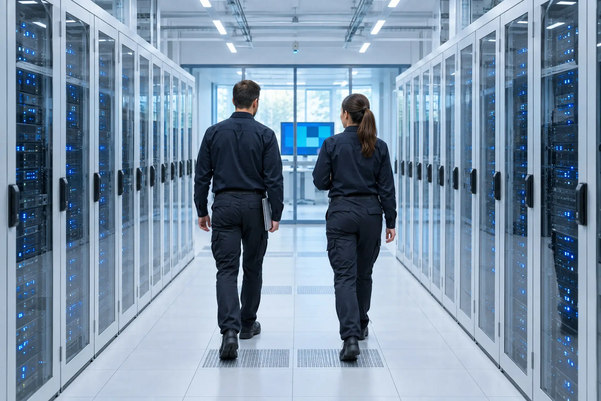 Due tecnici percorrono la corsia di una sala dati bianca, fra due file di armadi rack con le porte a vetro
