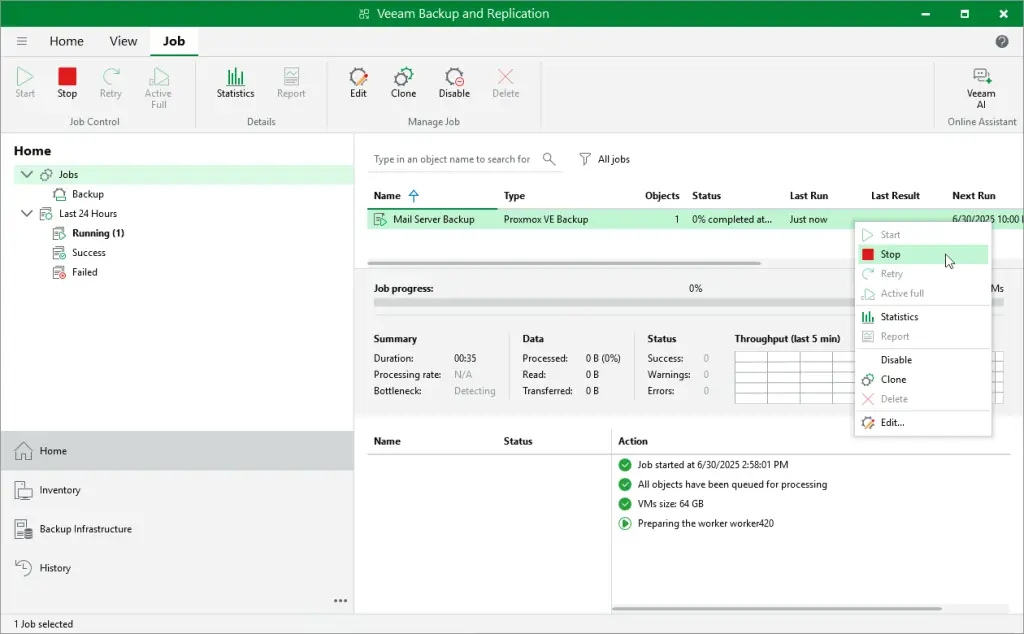 La console di Veeam Backup & Replication con un job di tipo Proxmox VE Backup in esecuzione e il worker in preparazione