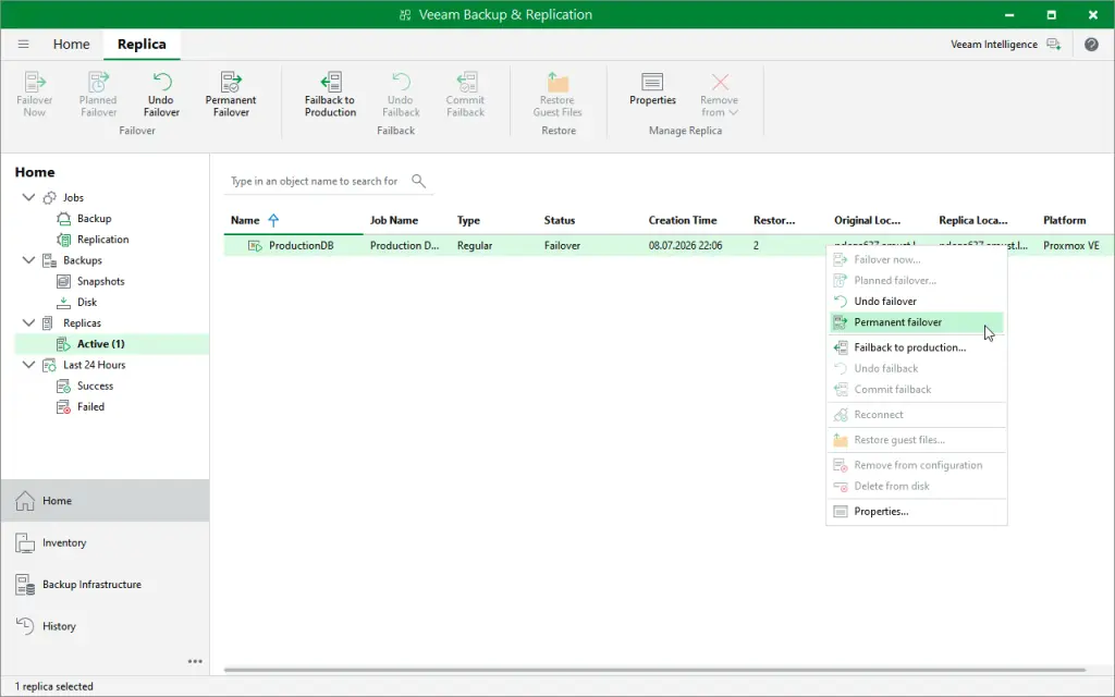 La console di Veeam Backup & Replication con una replica di VM Proxmox VE in stato di failover e il menu con undo failover, failover permanente e failback verso la produzione