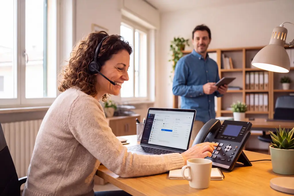 Un'impiegata con cuffie compone un numero sul telefono IP della scrivania, accanto al portatile con la coda delle chiamate